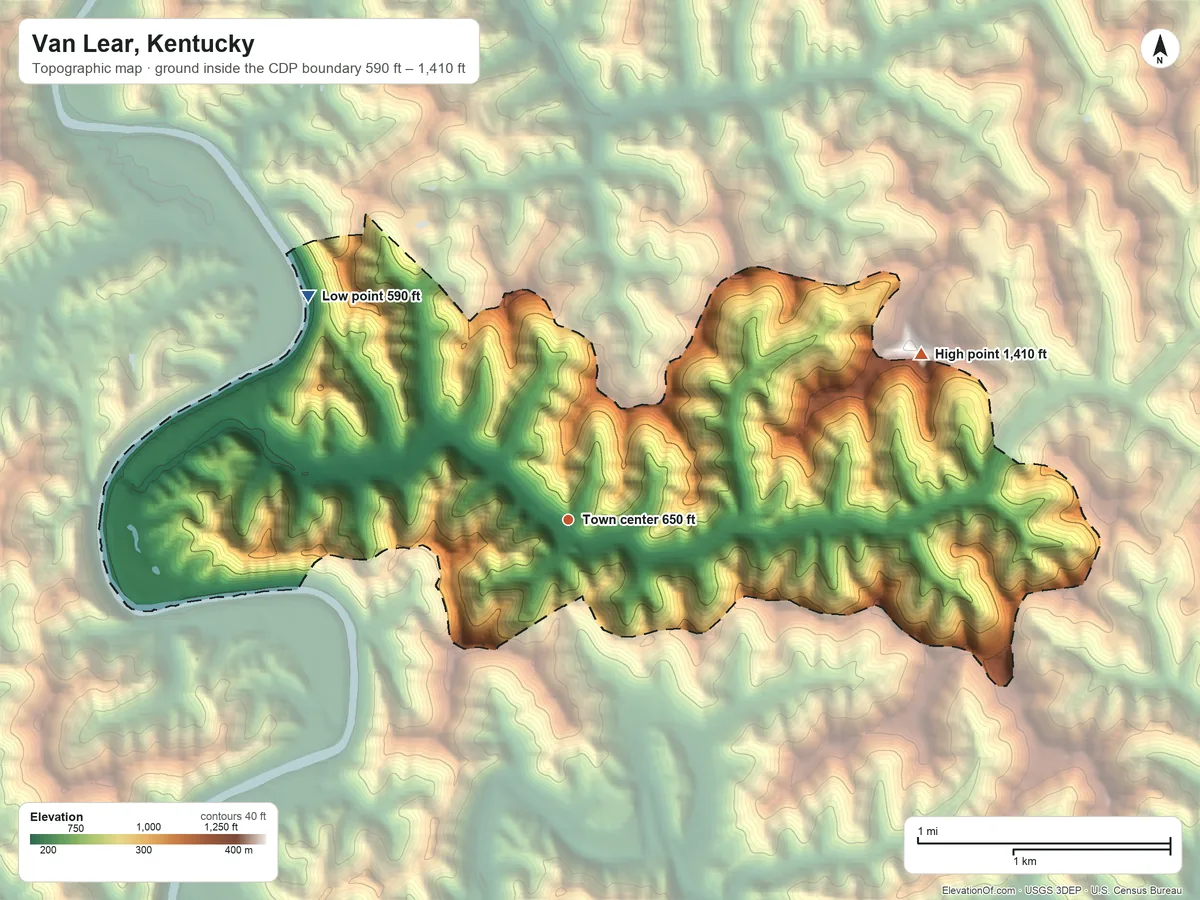 Topographic elevation map of Van Lear, Kentucky, shaded from 590 ft on the northwest side to 1,410 ft on the northeast side