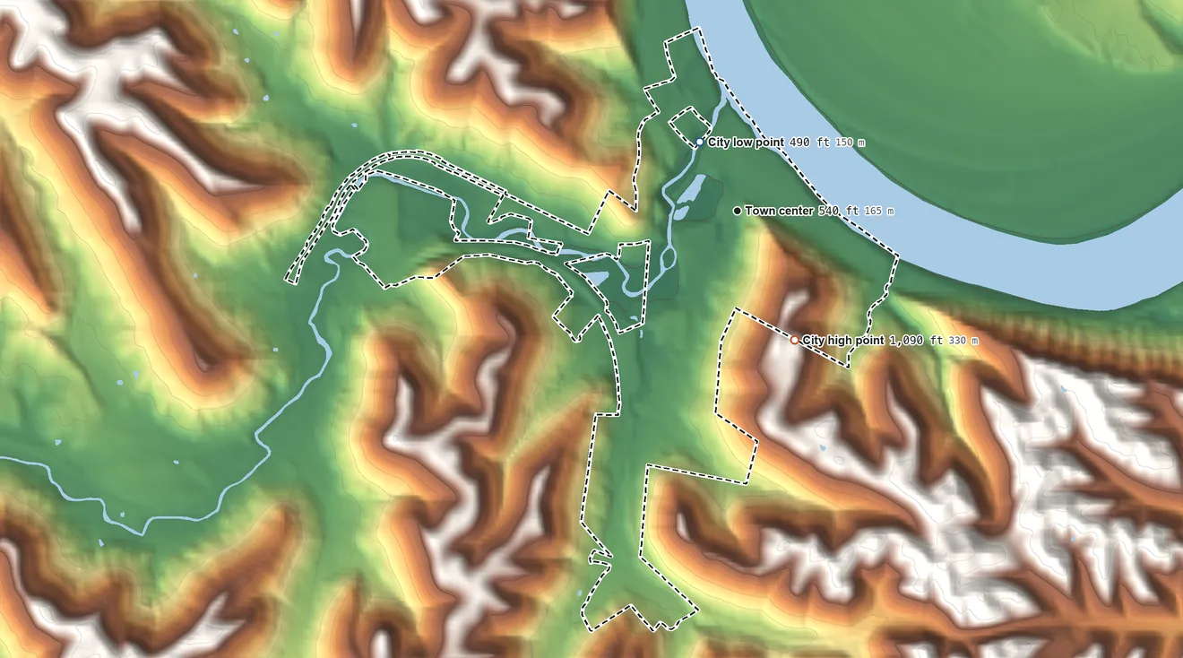 Topographic elevation map of Vanceburg, Kentucky, shaded from 490 ft near the middle to 1,090 ft on the southeast side