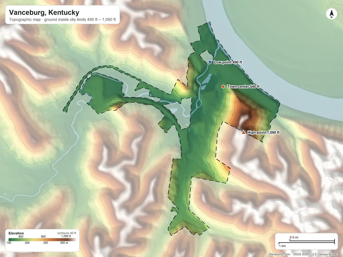 Topographic elevation map of Vanceburg, Kentucky, shaded from 490 ft near the middle to 1,090 ft on the southeast side