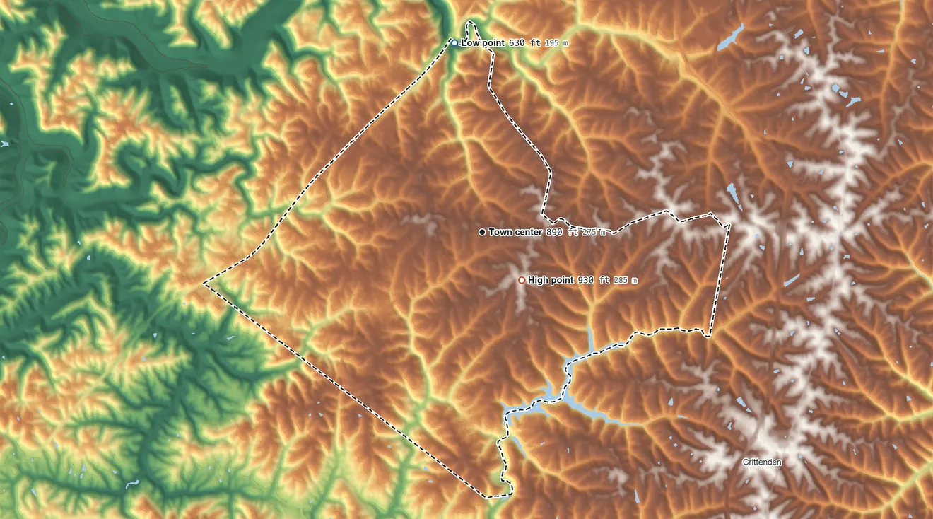 Topographic elevation map of Verona, Kentucky, shaded from 630 ft on the north side to 930 ft near the middle