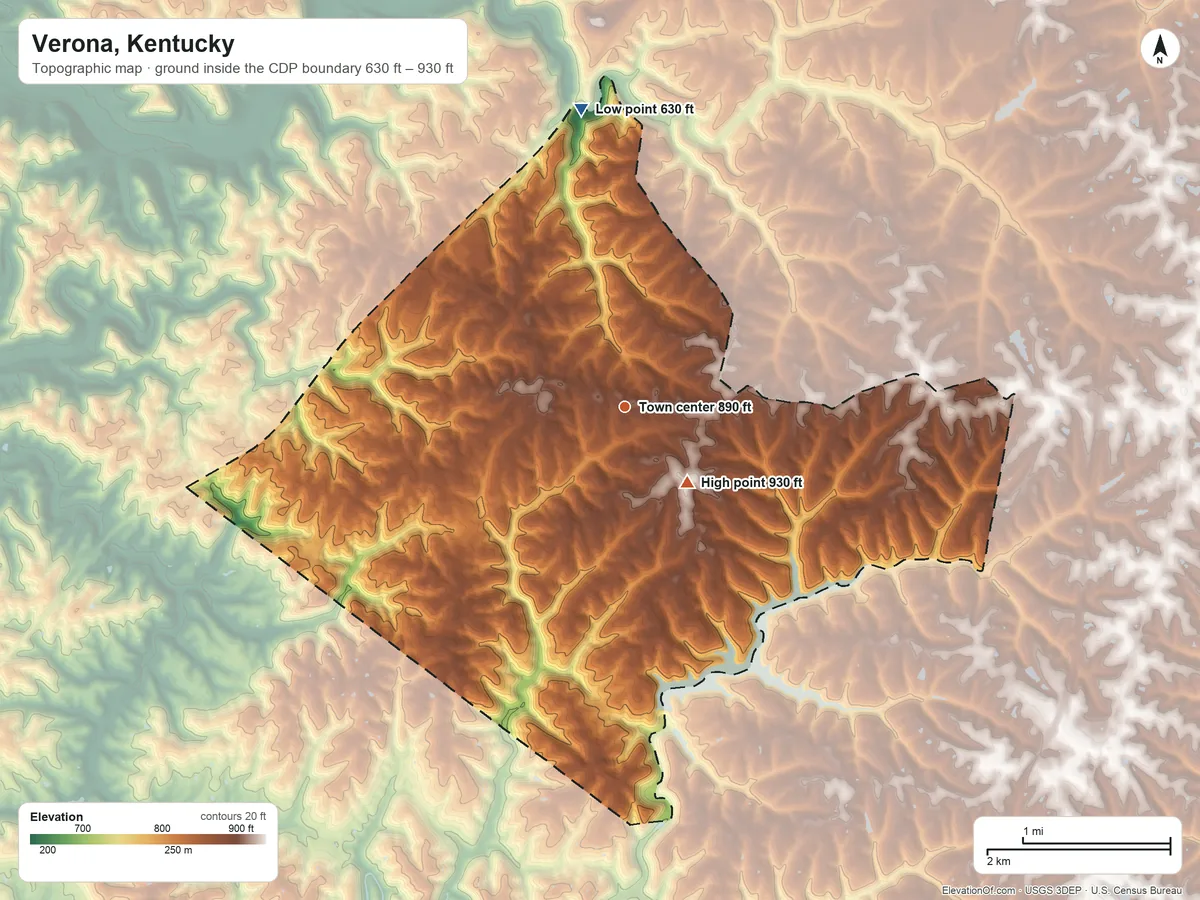 Topographic elevation map of Verona, Kentucky, shaded from 630 ft on the north side to 930 ft near the middle