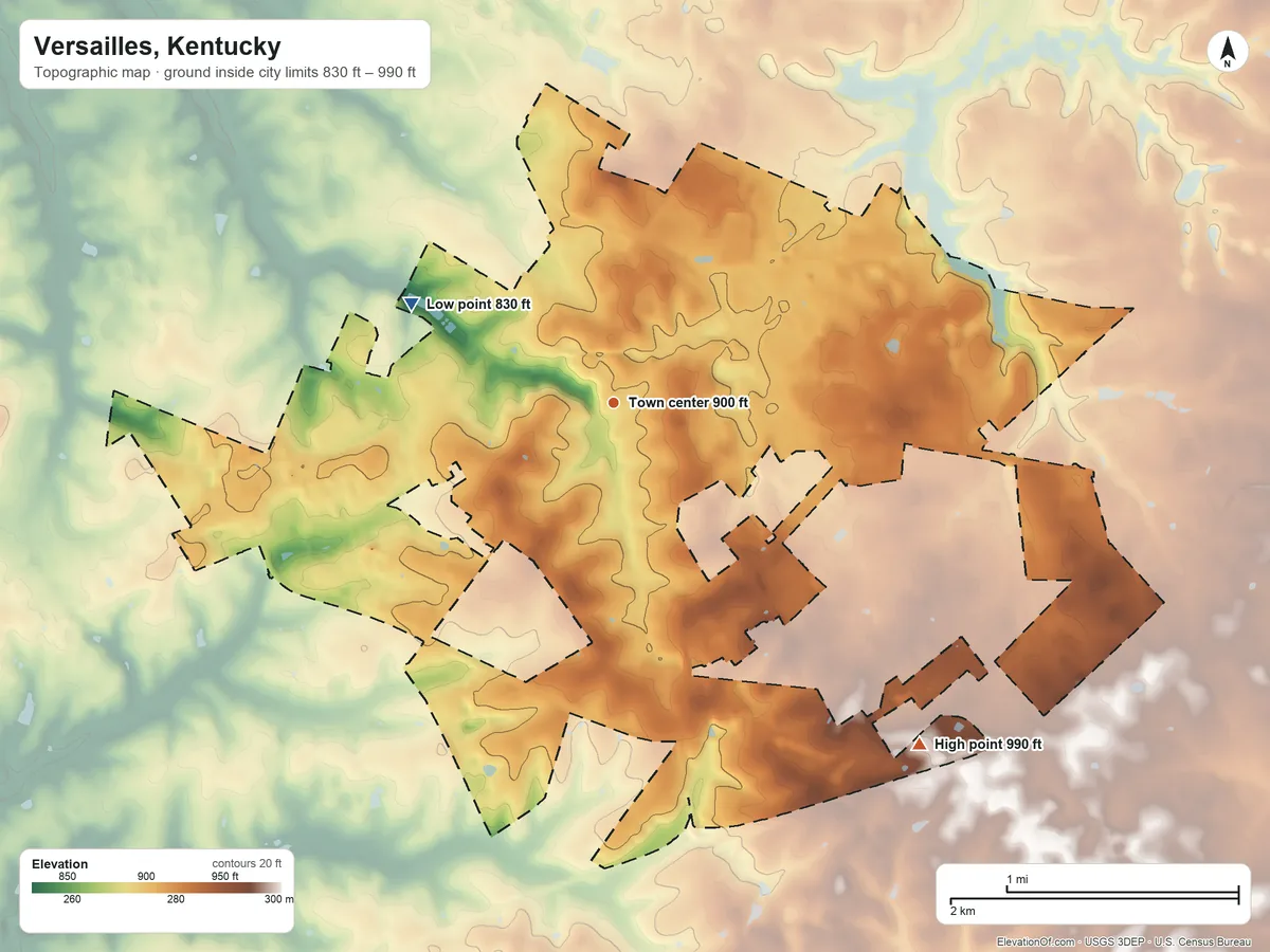 Topographic elevation map of Versailles, Kentucky, shaded from 830 ft on the northwest side to 990 ft on the southeast side