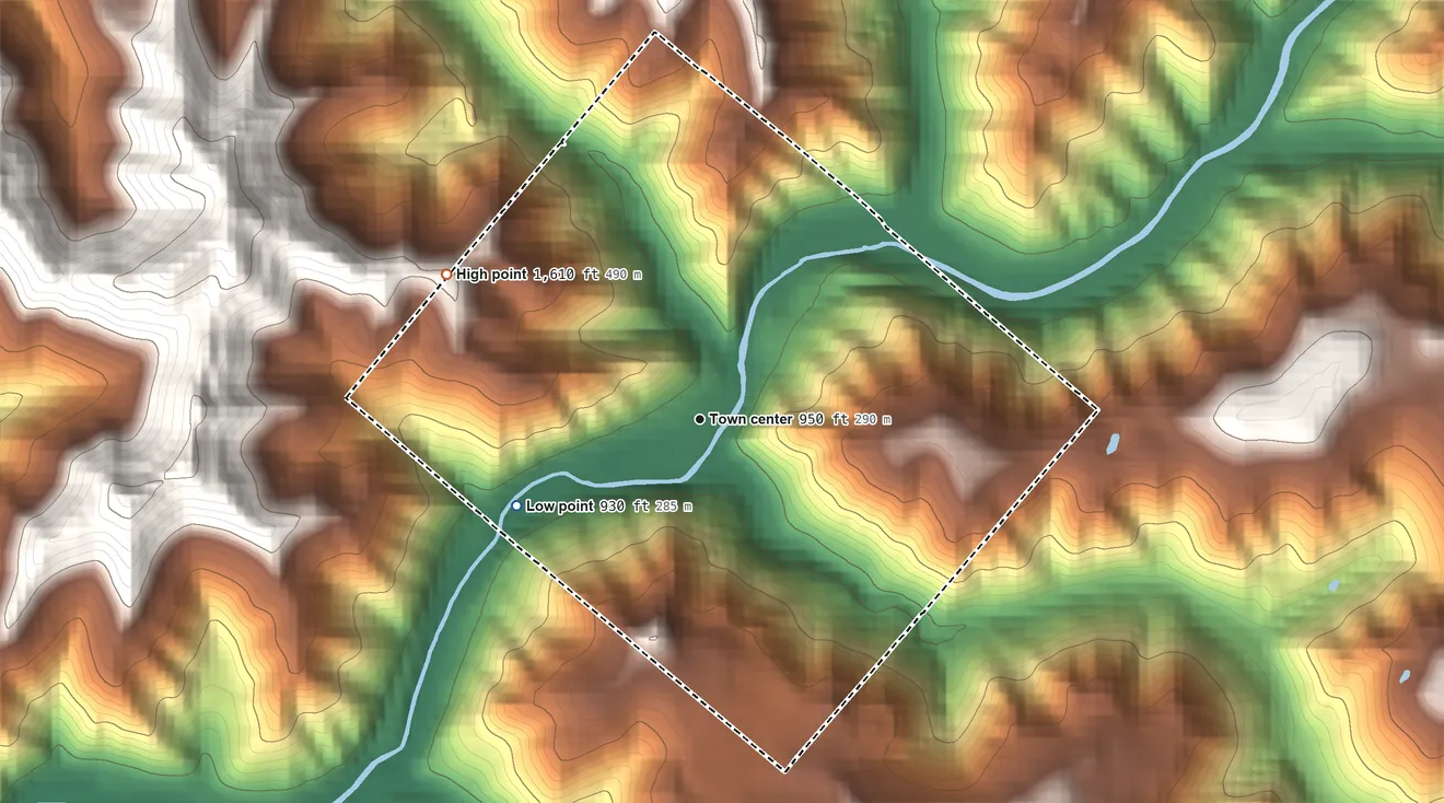 Topographic elevation map of Vicco, Kentucky, shaded from 930 ft on the southwest side to 1,610 ft on the northwest side