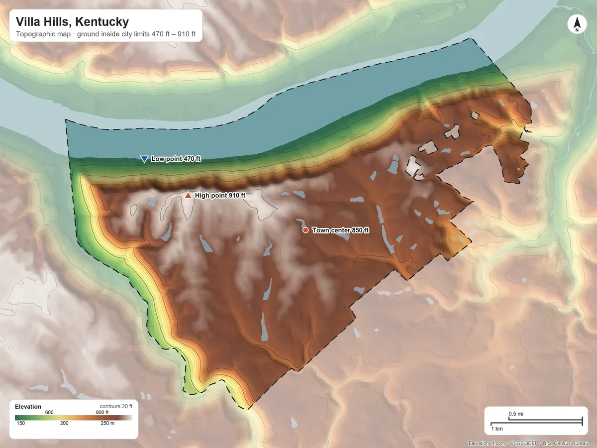 Topographic elevation map of Villa Hills, Kentucky, shaded from 470 ft on the northwest side to 910 ft on the west side
