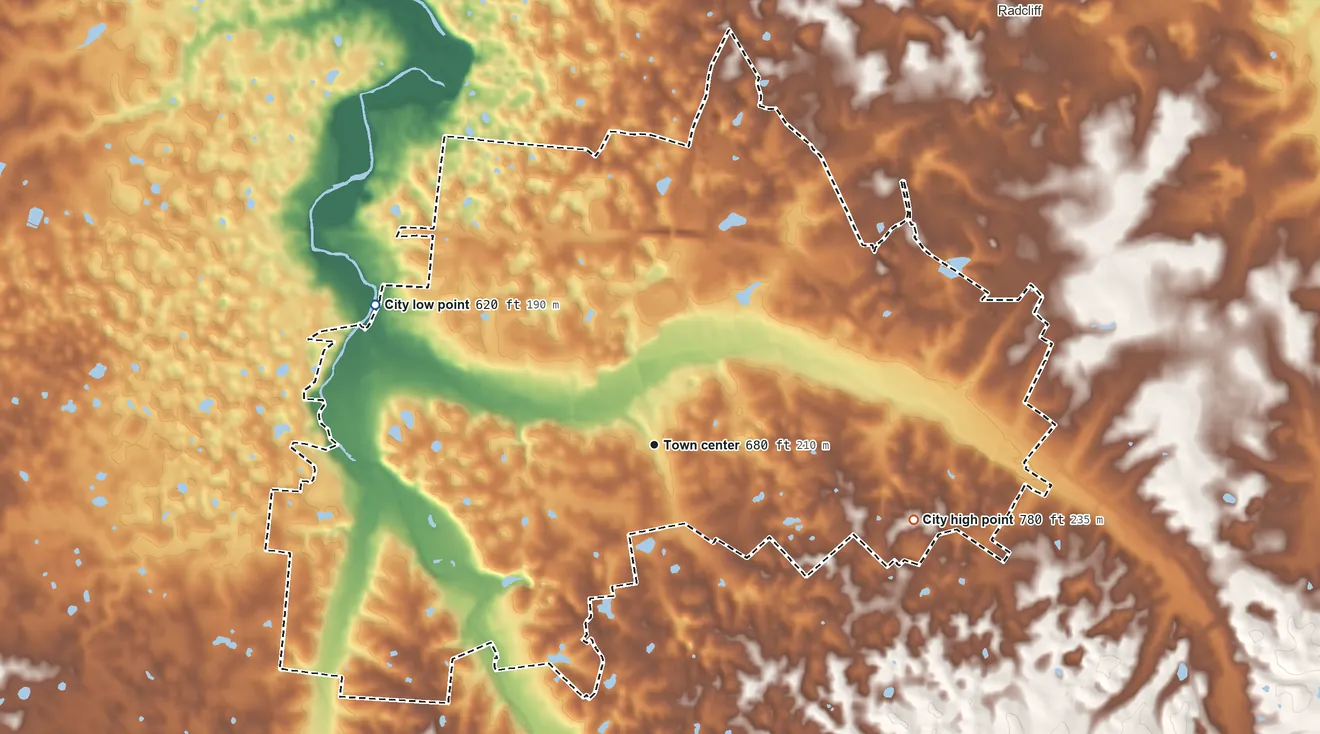 Topographic elevation map of Vine Grove, Kentucky, shaded from 620 ft on the northwest side to 780 ft on the east side