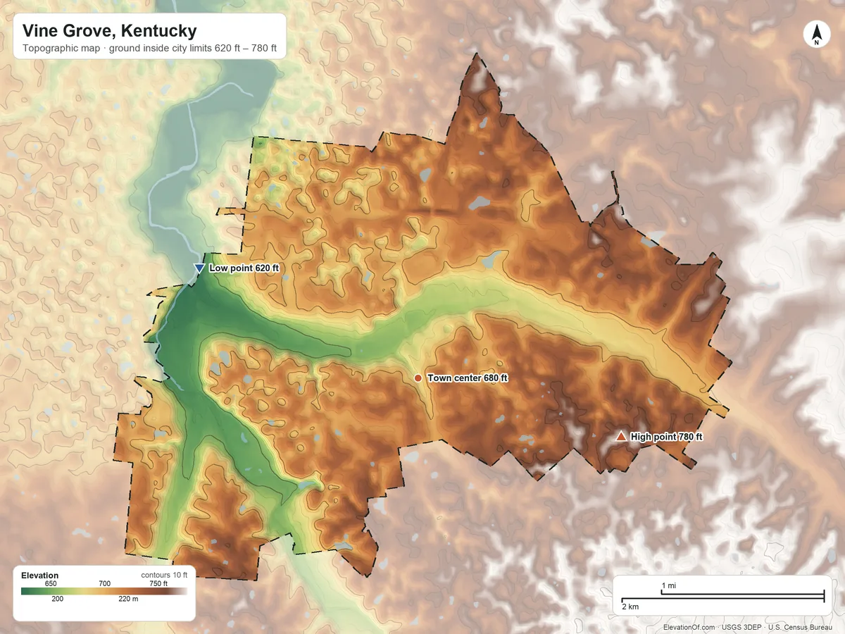 Topographic elevation map of Vine Grove, Kentucky, shaded from 620 ft on the northwest side to 780 ft on the east side