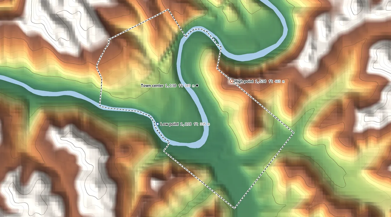 Topographic elevation map of Wallins Creek, Kentucky, shaded from 1,110 ft on the southwest side to 1,530 ft at the foot of the Pine Mountain