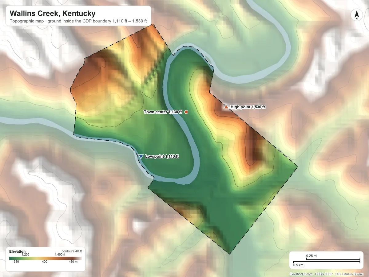 Topographic elevation map of Wallins Creek, Kentucky, shaded from 1,110 ft on the southwest side to 1,530 ft at the foot of the Pine Mountain