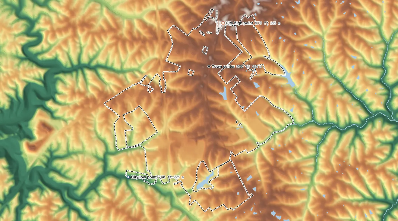 Topographic elevation map of Walton, Kentucky, shaded from 740 ft on the southwest side to 970 ft on the north side