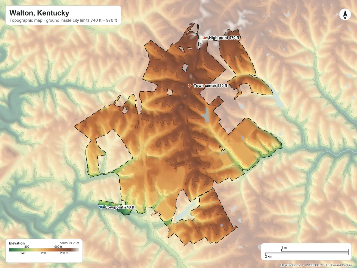 Topographic elevation map of Walton, Kentucky, shaded from 740 ft on the southwest side to 970 ft on the north side