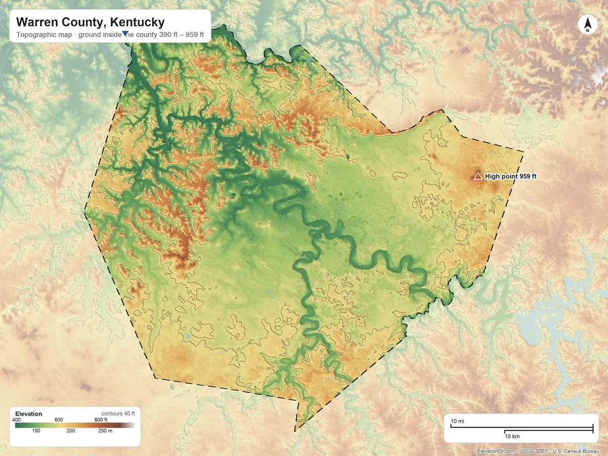 Topographic elevation map of Warren County, Kentucky, shaded from 390 ft on the northwest side to 959 ft on Pilot Knob
