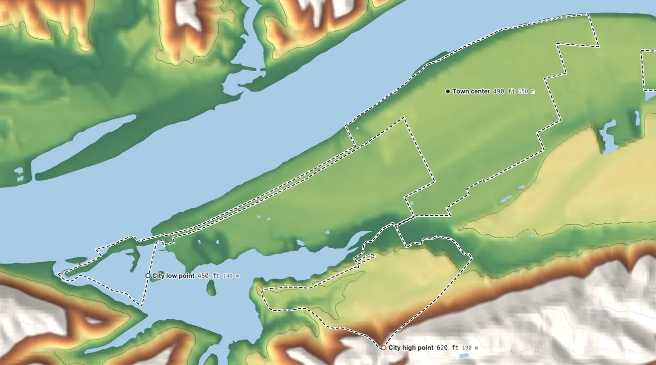 Topographic elevation map of Warsaw, Kentucky, shaded from 450 ft on the southwest side to 620 ft on the south side