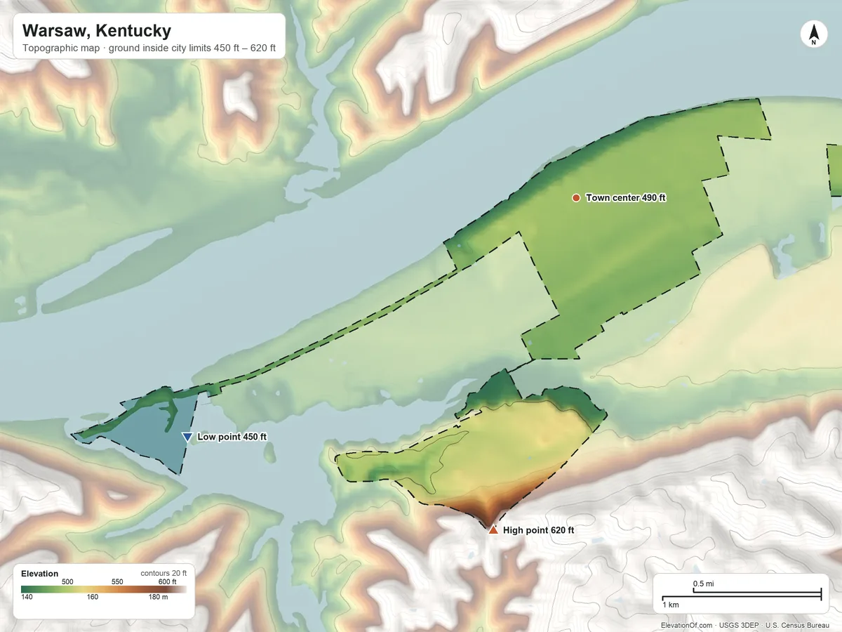 Topographic elevation map of Warsaw, Kentucky, shaded from 450 ft on the southwest side to 620 ft on the south side