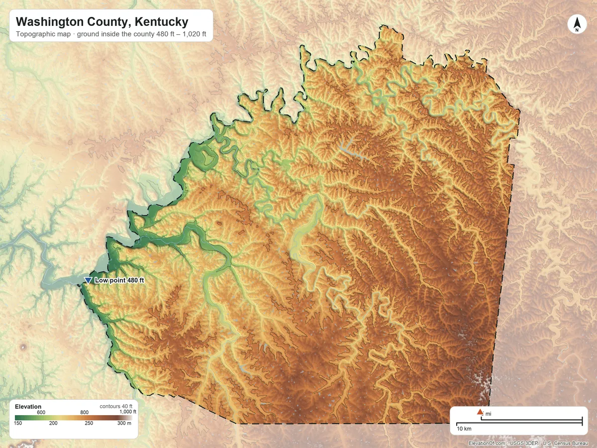 Topographic elevation map of Washington County, Kentucky, shaded from 480 ft on the west side to 1,020 ft on the southeast side