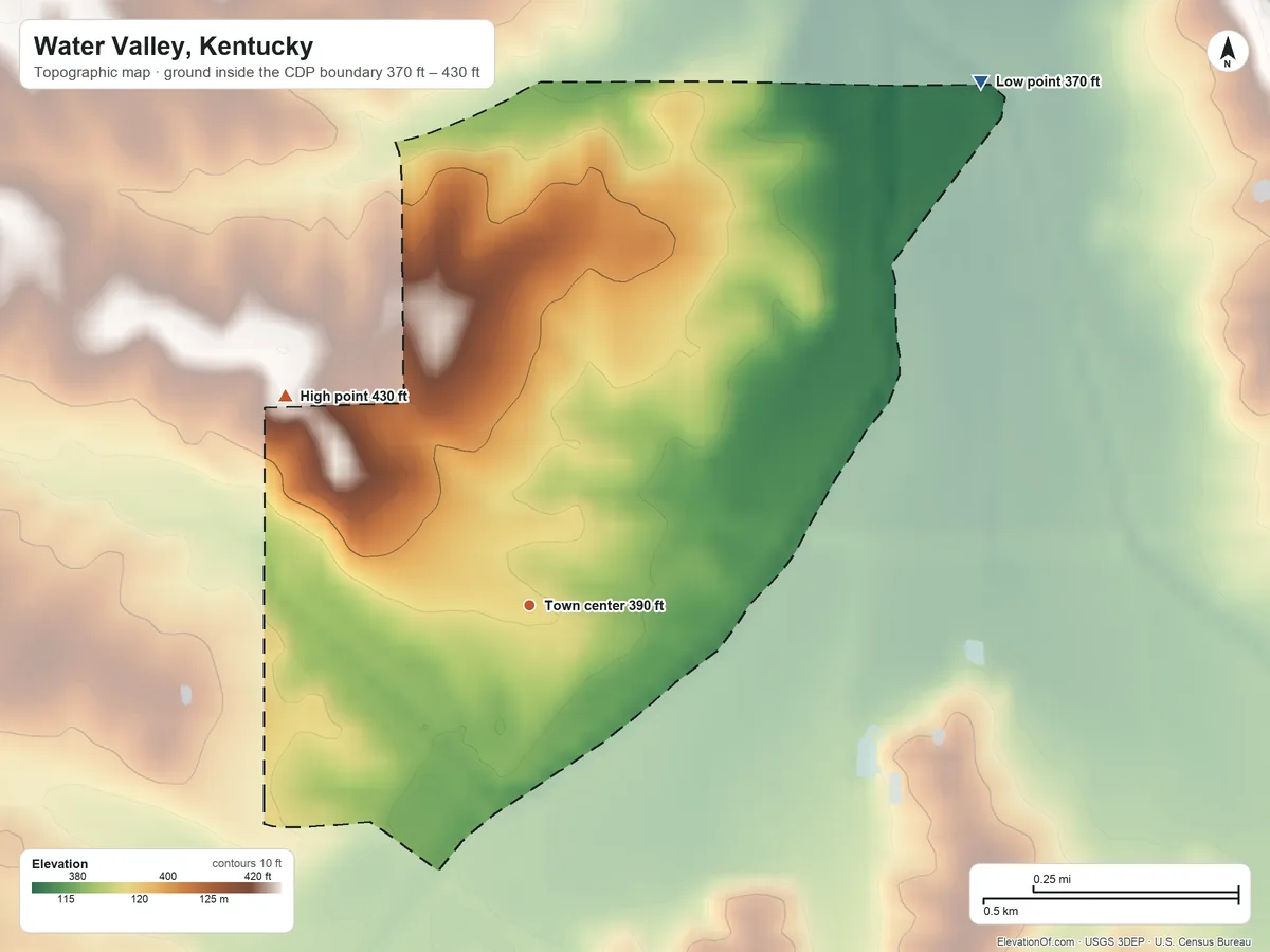 Topographic elevation map of Water Valley, Kentucky, shaded from 370 ft on the northeast side to 430 ft on the northwest side