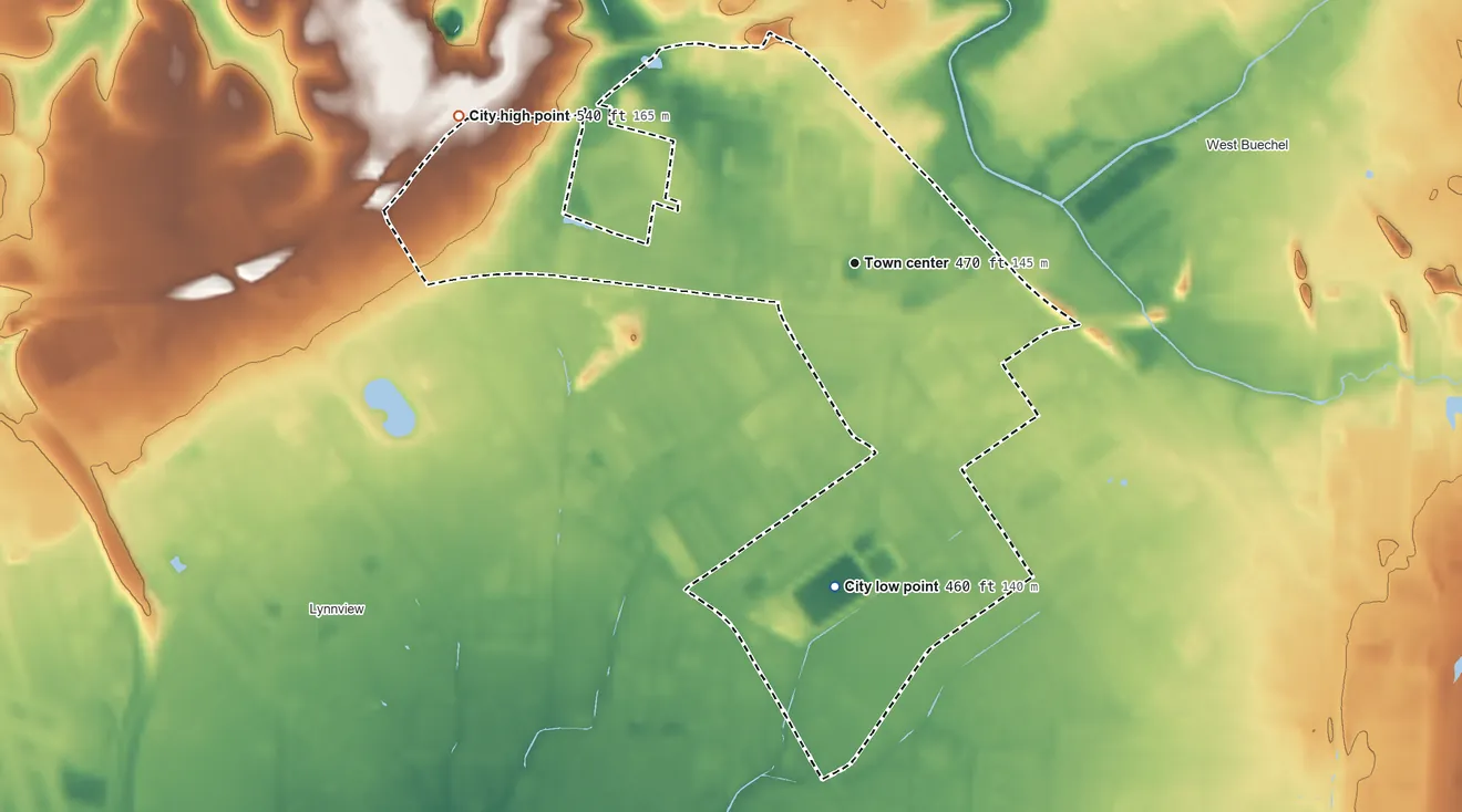 Topographic elevation map of Watterson Park, Kentucky, shaded from 460 ft on the south side to 540 ft on the west side