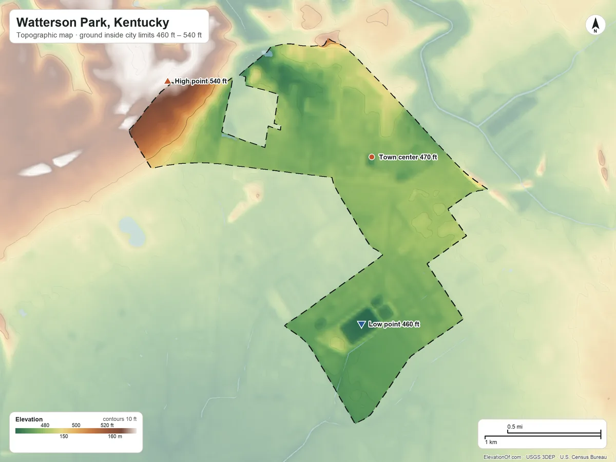 Topographic elevation map of Watterson Park, Kentucky, shaded from 460 ft on the south side to 540 ft on the west side