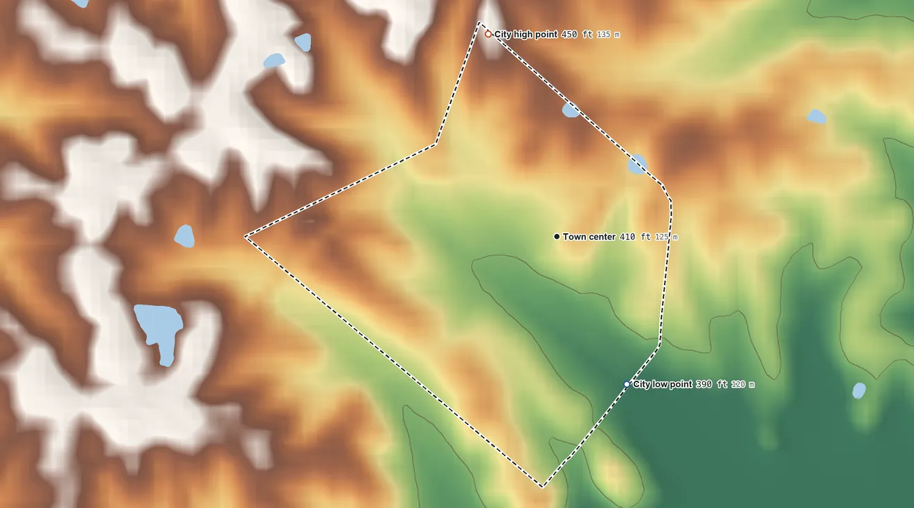 Topographic elevation map of Waverly, Kentucky, shaded from 390 ft on the southeast side to 450 ft on the north side