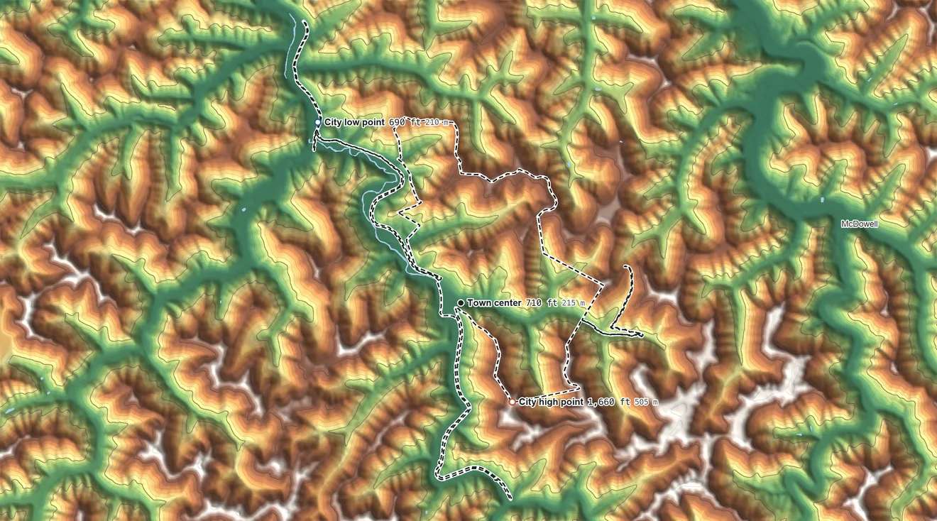 Topographic elevation map of Wayland, Kentucky, shaded from 690 ft on the northwest side to 1,660 ft on the southeast side