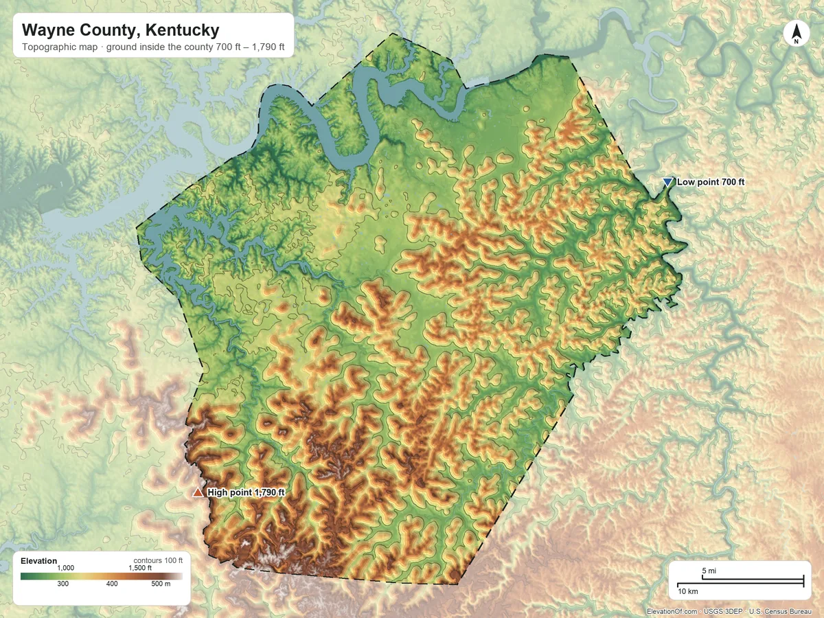 Topographic elevation map of Wayne County, Kentucky, shaded from 700 ft on the northeast side to 1,790 ft on Koger Mountain
