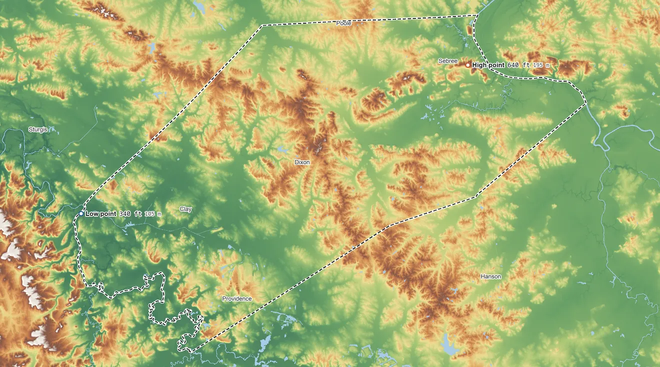 Topographic elevation map of Webster County, Kentucky, shaded from 340 ft on the west side to 640 ft on Steamport Hill