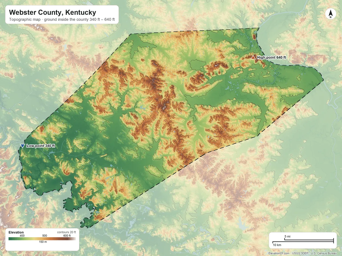 Topographic elevation map of Webster County, Kentucky, shaded from 340 ft on the west side to 640 ft on Steamport Hill
