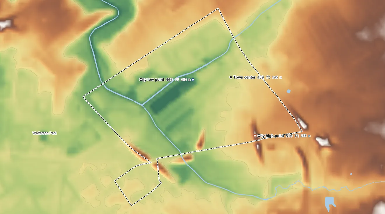 Topographic elevation map of West Buechel, Kentucky, shaded from 460 ft on the west side to 510 ft on the southeast side