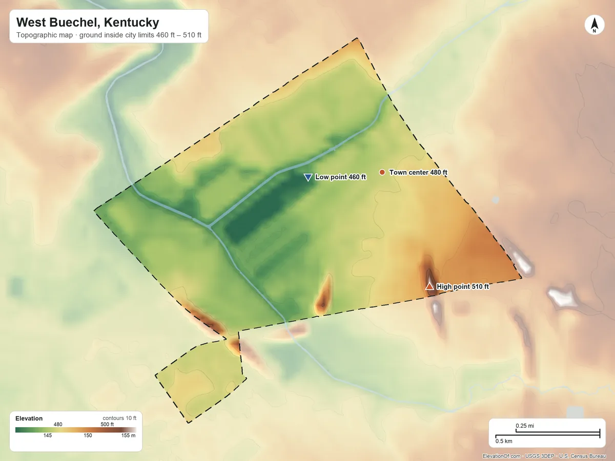 Topographic elevation map of West Buechel, Kentucky, shaded from 460 ft on the west side to 510 ft on the southeast side