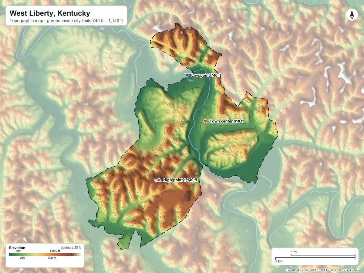 Topographic elevation map of West Liberty, Kentucky, shaded from 740 ft on the north side to 1,140 ft on the southwest side