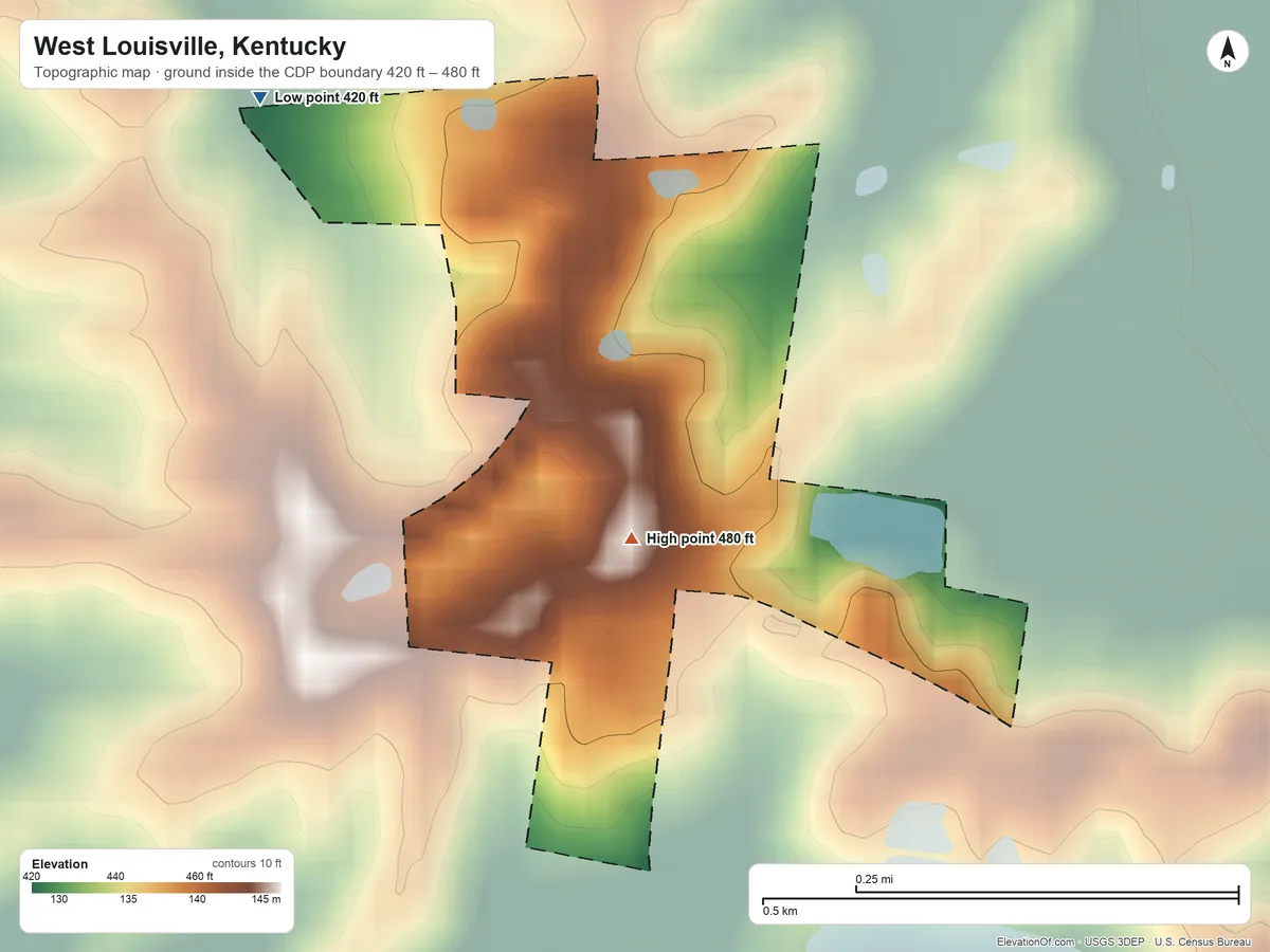 Topographic elevation map of West Louisville, Kentucky, shaded from 420 ft on the northwest side to 480 ft on the southwest side