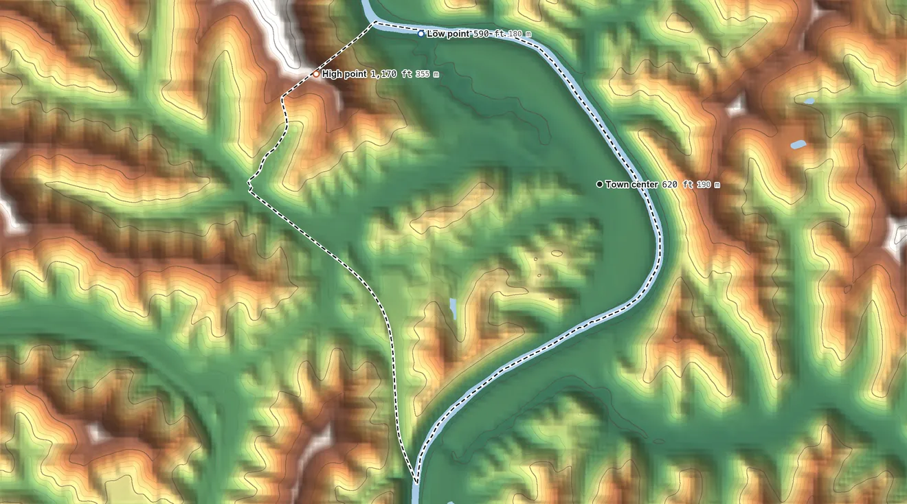 Topographic elevation map of West Van Lear, Kentucky, shaded from 590 ft on the northwest side to 1,170 ft on the west side