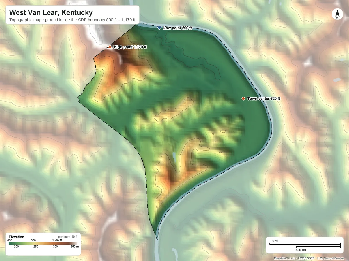 Topographic elevation map of West Van Lear, Kentucky, shaded from 590 ft on the northwest side to 1,170 ft on the west side