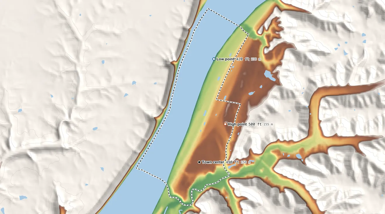 Topographic elevation map of Westport, Kentucky, shaded from 420 ft on the north side to 500 ft on the northeast side