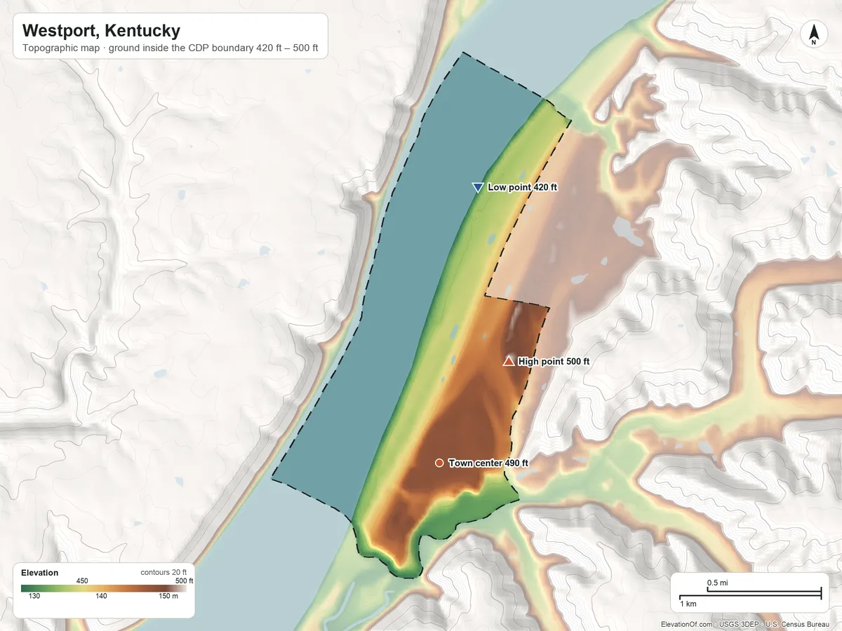 Topographic elevation map of Westport, Kentucky, shaded from 420 ft on the north side to 500 ft on the northeast side