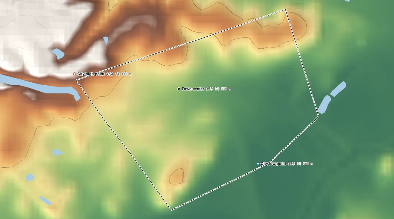 Topographic elevation map of Wheatcroft, Kentucky, shaded from 350 ft on the southeast side to 460 ft on the west side