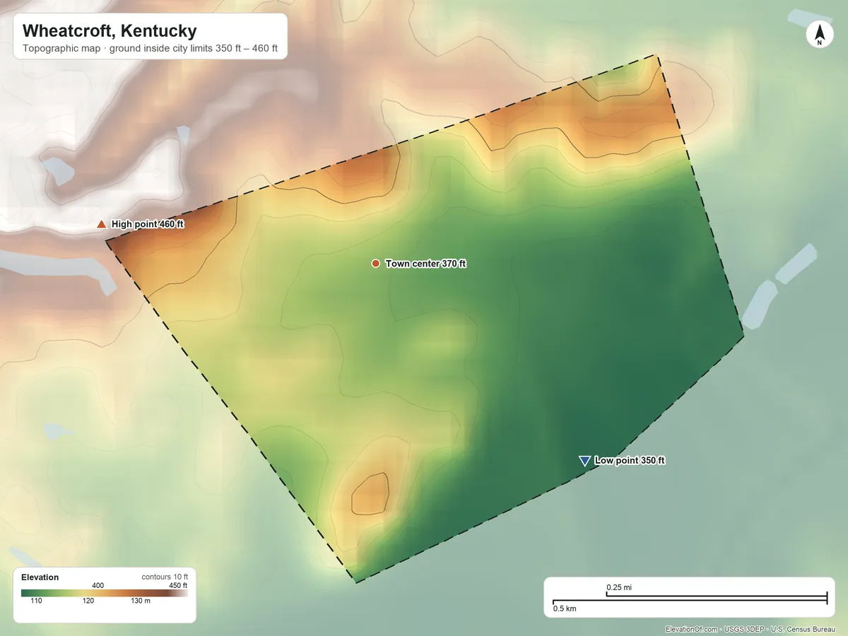 Topographic elevation map of Wheatcroft, Kentucky, shaded from 350 ft on the southeast side to 460 ft on the west side