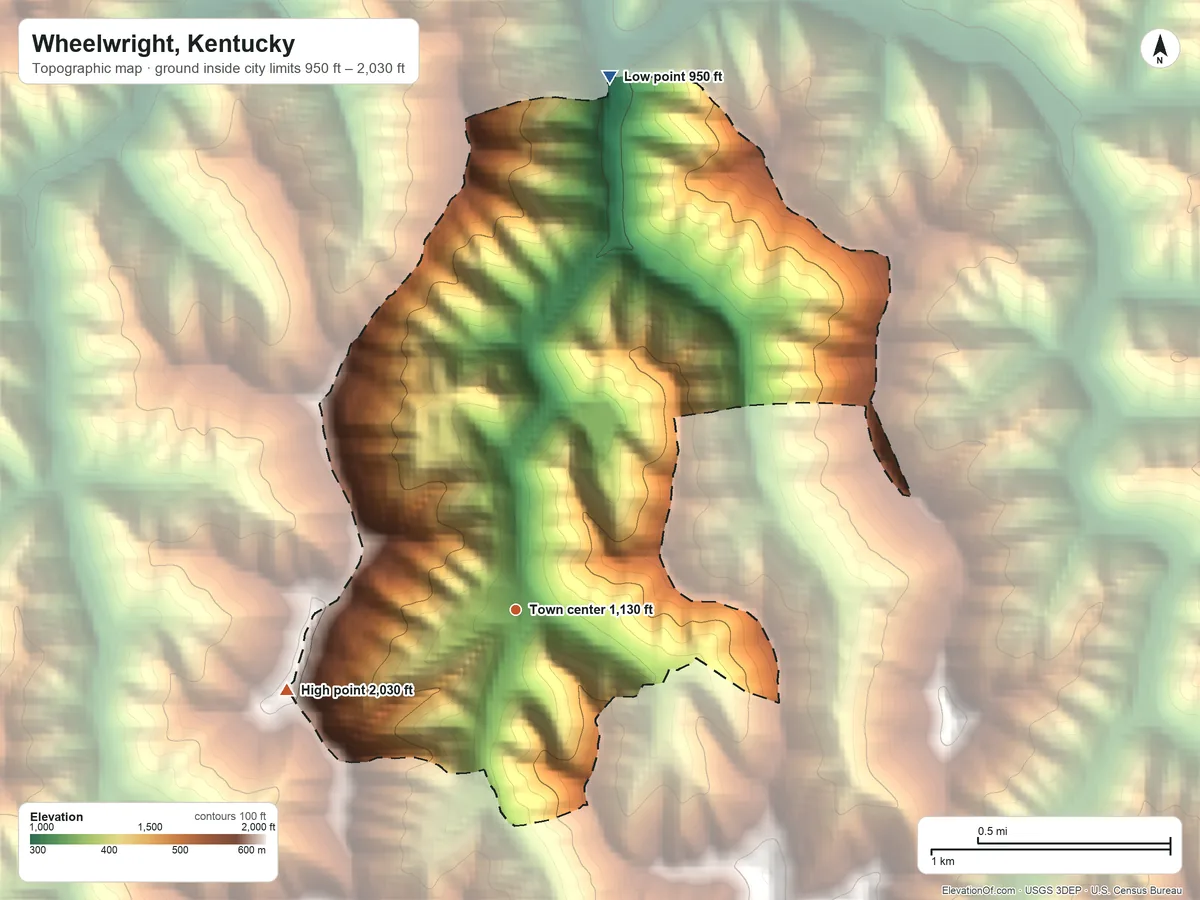 Topographic elevation map of Wheelwright, Kentucky, shaded from 950 ft on the north side to 2,030 ft on the west side