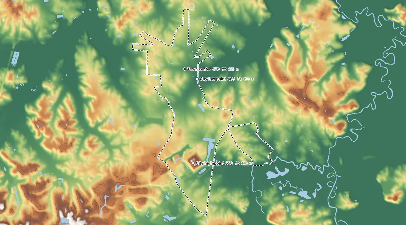 Topographic elevation map of White Plains, Kentucky, shaded from 400 ft near the middle to 550 ft on the south side