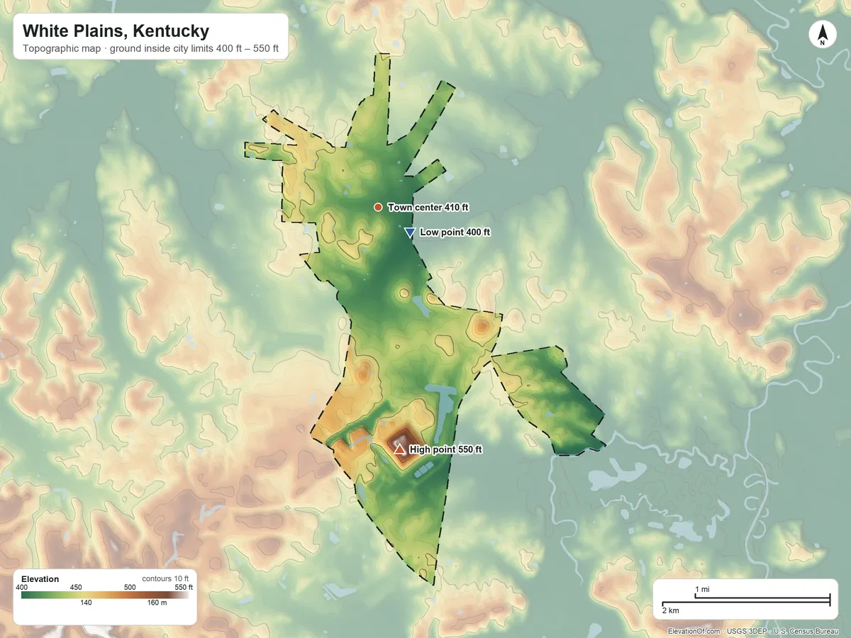 Topographic elevation map of White Plains, Kentucky, shaded from 400 ft near the middle to 550 ft on the south side