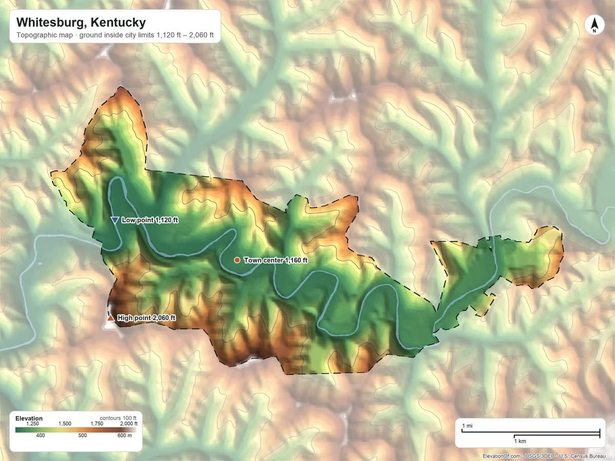 Topographic elevation map of Whitesburg, Kentucky, shaded from 1,120 ft on the west side to 2,060 ft on the southwest side