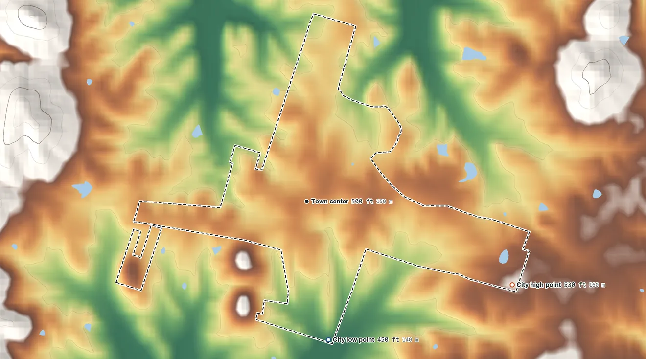 Topographic elevation map of Whitesville, Kentucky, shaded from 450 ft on the south side to 530 ft on the east side