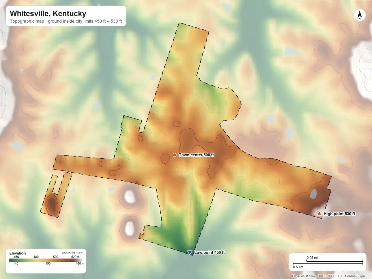Topographic elevation map of Whitesville, Kentucky, shaded from 450 ft on the south side to 530 ft on the east side
