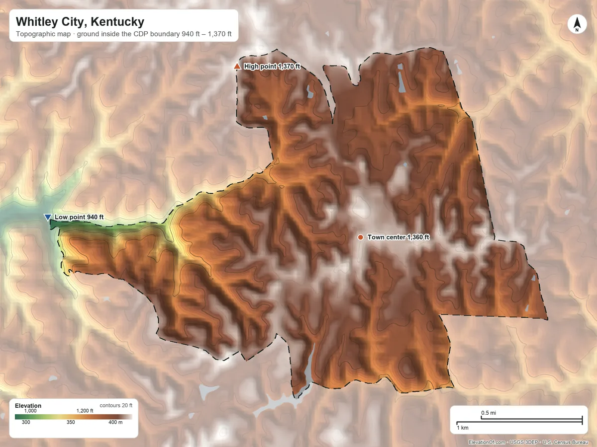 Topographic elevation map of Whitley City, Kentucky, shaded from 940 ft on the west side to 1,370 ft on the northwest side