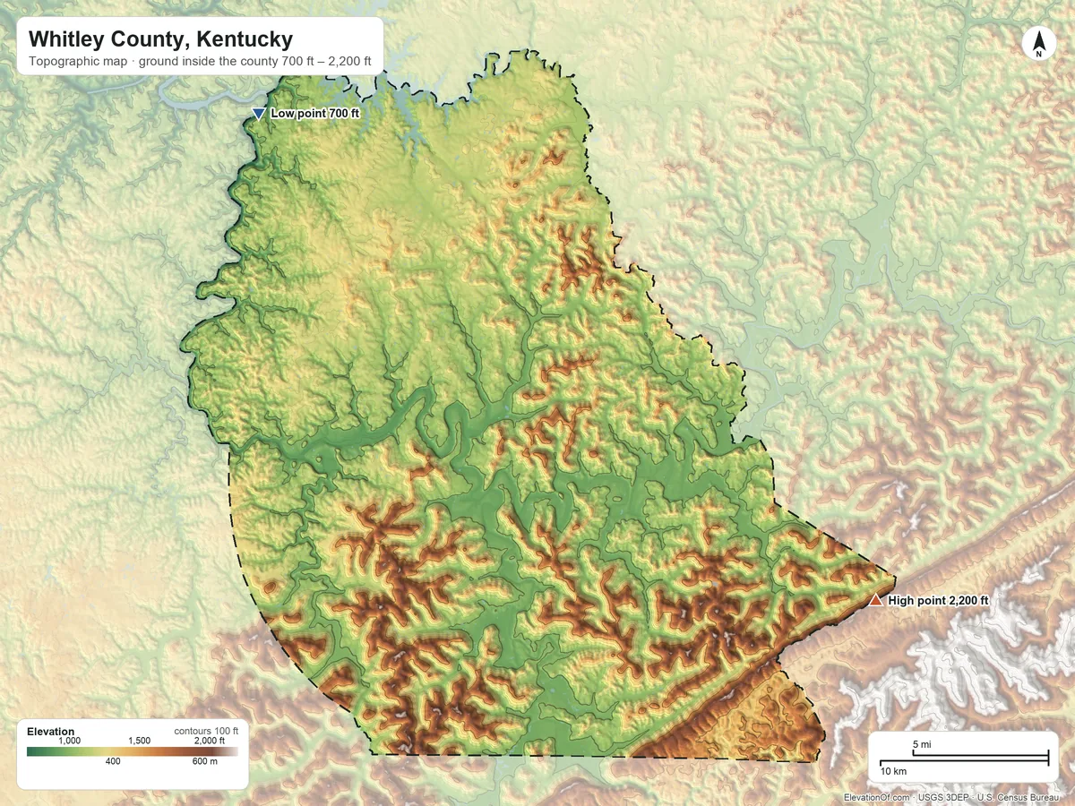 Topographic elevation map of Whitley County, Kentucky, shaded from 700 ft on the northwest side to 2,200 ft on the southeast side