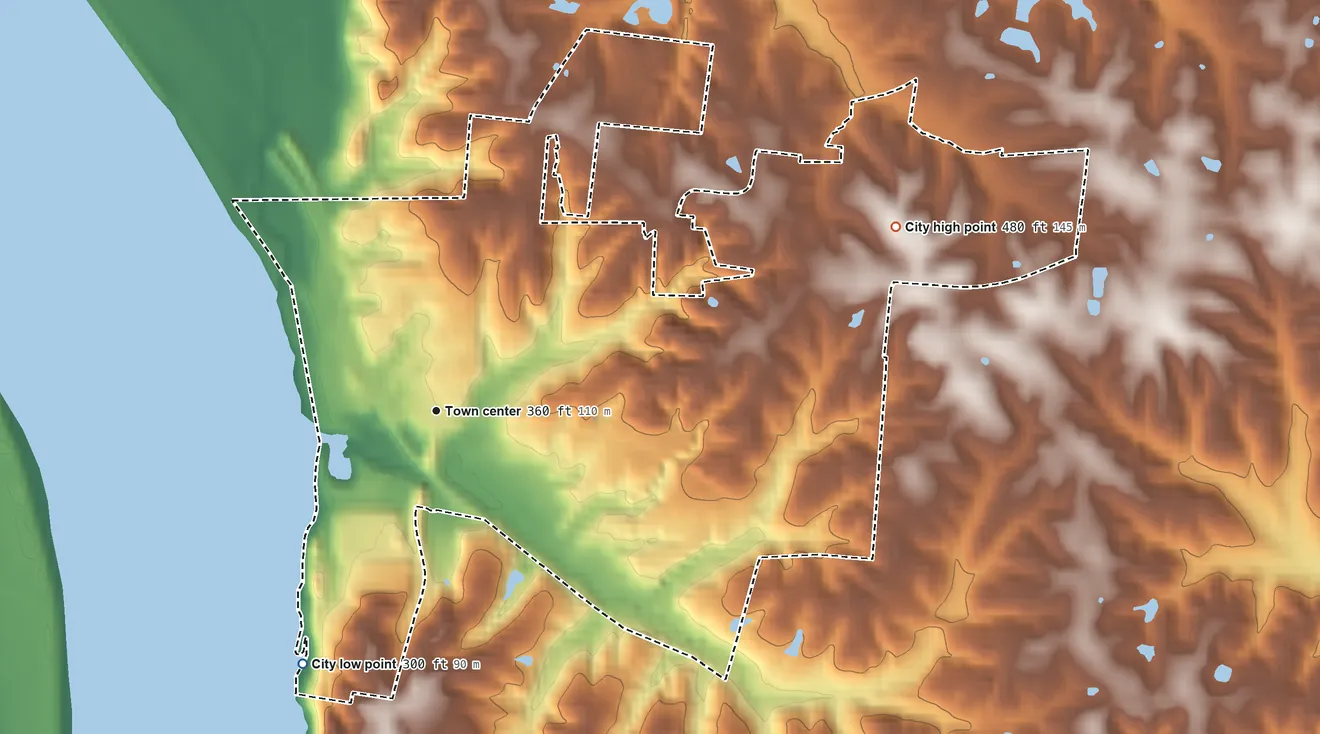 Topographic elevation map of Wickliffe, Kentucky, shaded from 300 ft on the southwest side to 480 ft on the east side
