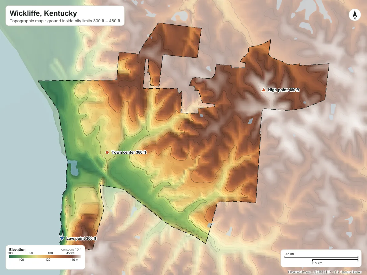 Topographic elevation map of Wickliffe, Kentucky, shaded from 300 ft on the southwest side to 480 ft on the east side