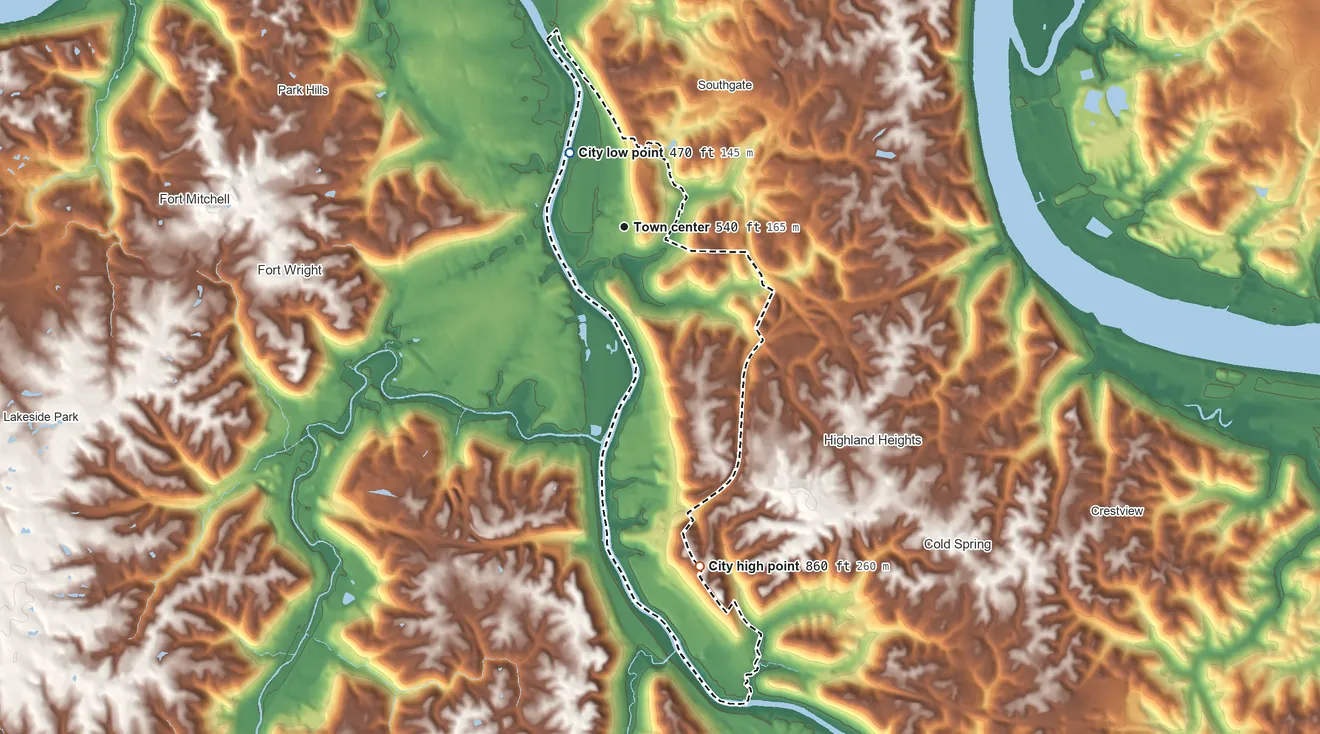 Topographic elevation map of Wilder, Kentucky, shaded from 470 ft on the northwest side to 860 ft on the south side