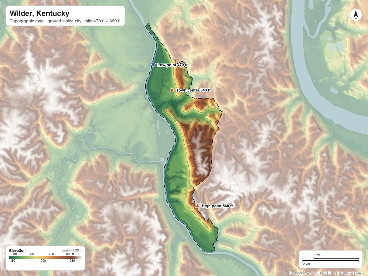 Topographic elevation map of Wilder, Kentucky, shaded from 470 ft on the northwest side to 860 ft on the south side