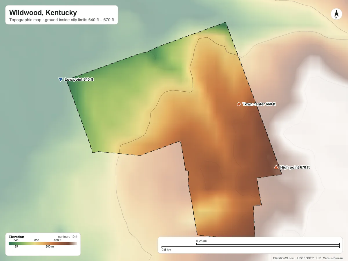 Topographic elevation map of Wildwood, Kentucky, shaded from 640 ft on the west side to 670 ft on the southeast side