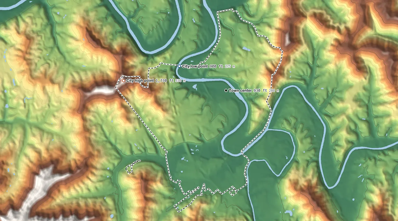 Topographic elevation map of Williamsburg, Kentucky, shaded from 900 ft on the northwest side to 1,730 ft on the west side